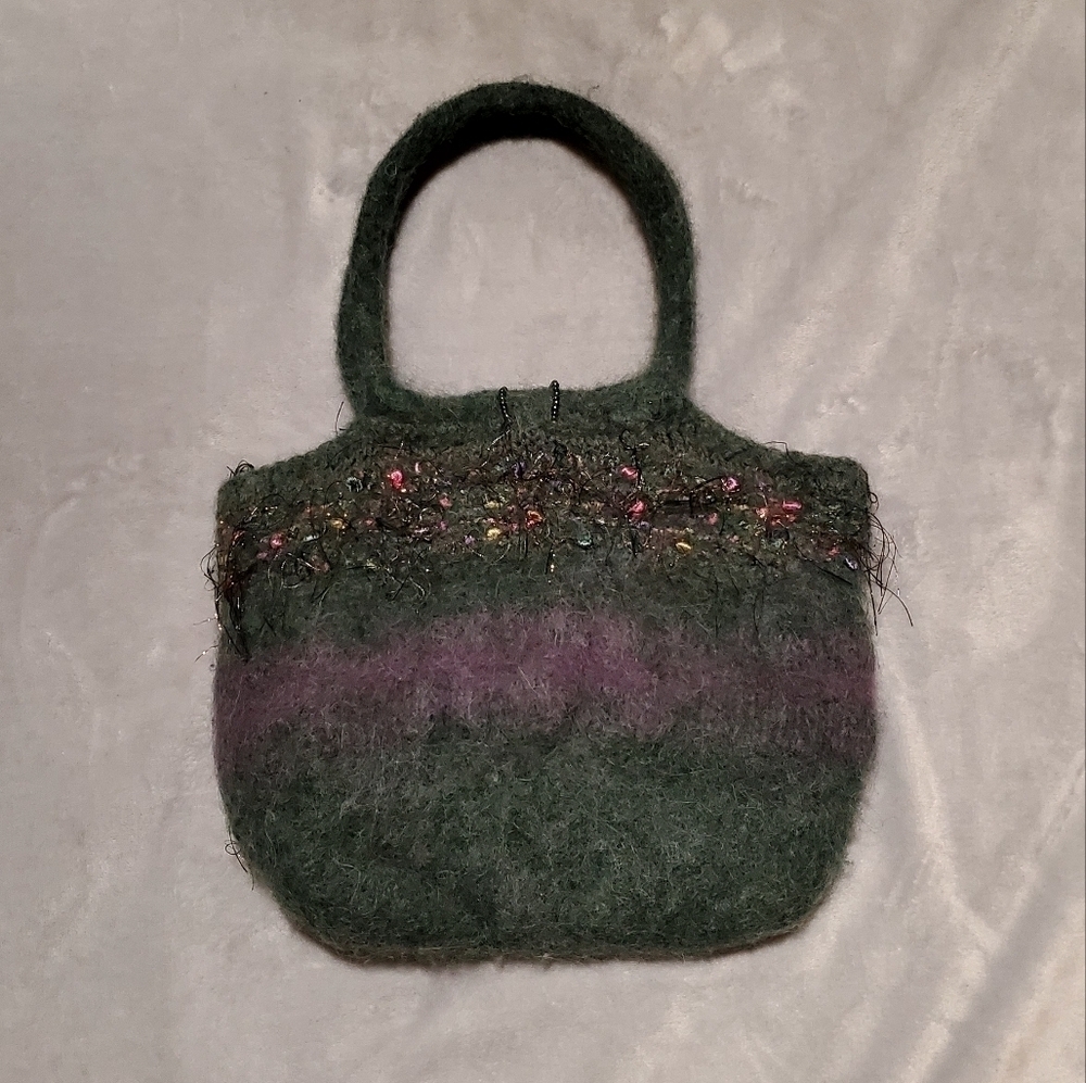 One of a Kind Unique Boiled Wool Blend Felted Fringe Teal Beaded Purse - Picture 3 of 7